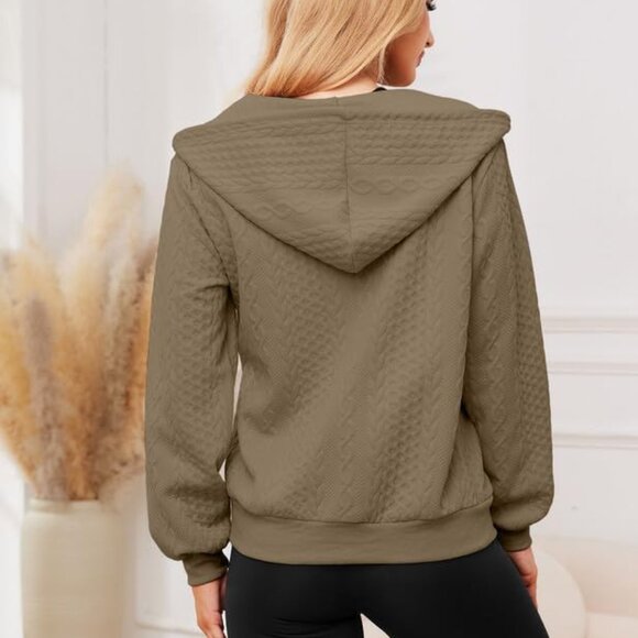 Khaki Women's Lightweight Long Sleeve Zip Up Crochet Knit Sweater Jacket for Fal - Picture 2 of 7